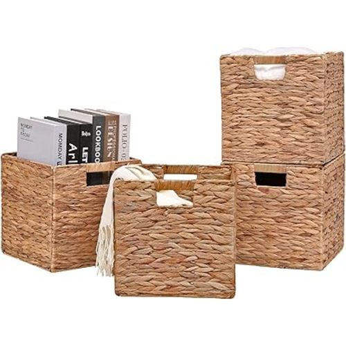 Wicker Storage Cubes Collapsible Water Hyacinth Baskets,Handwoven Storage Baskets for Shelves,Kitchen or Outdoor,Set of 4 Pcs,11.2x11.2x11.2inch
