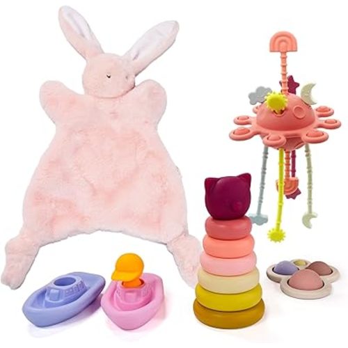 Montessori Toys for Babies, Newborn Gifts- Bunny Loveys for Babies, Silicone Fidget Sensory Toys for Poping,Montessori Pull String Toy & Stacking Toys, Toddler Bath Toys Floating Boats