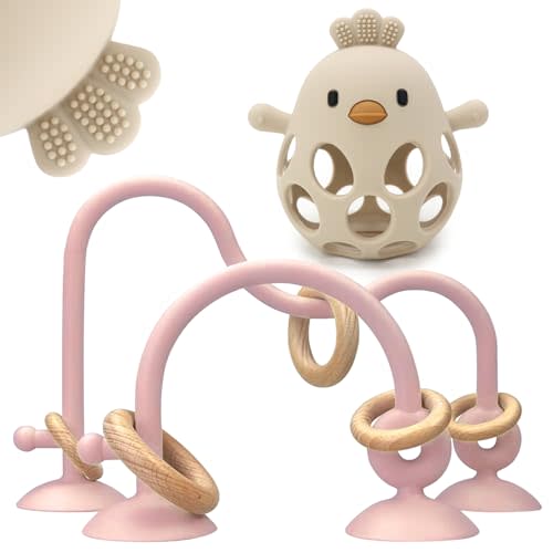 Baby High Chair Suction Cup Toys Teething,BPA-Free Silicone Teethers Chew | Baby Teething Table Toys, Sensory Toys for Infants, Food Grade Silicone and Wooden Rings for 6 12 18 Months(Rosepink Beige)