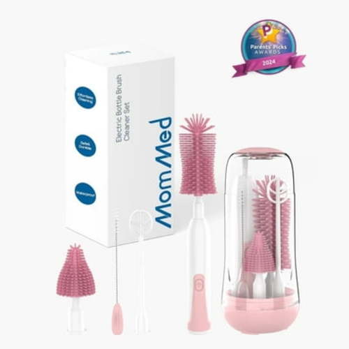 MomMed Electric Bottle Brush – Baby Bottle Cleaner with 3 Heads, BPA-Free, Rechargeable, Pink