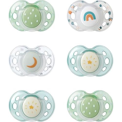 Tommee Tippee Nighttime pacifiers, 18-36 months, 6 pack of glow in the dark pacifiers with symmetrical silicone baglet