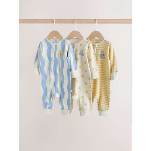 Yellow/Blue Sunshine Two Way Zip Baby Sleepsuits 3 Pack (0mths-3yrs)