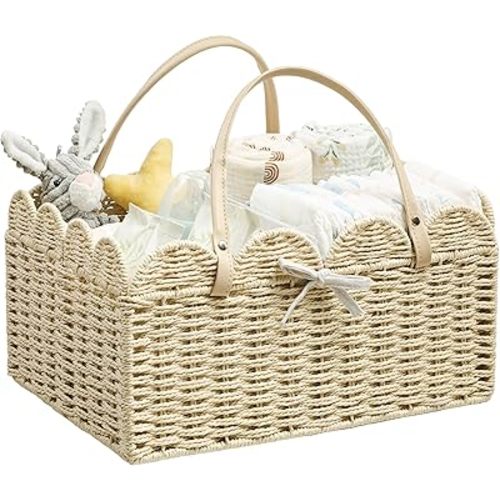 Angelhood Scalloped Paper Rope Diaper Caddy, Woven Floral Baby Diaper Organizer with Dividers for Changing Table, Nursery & Car Portable Baby Gift Basket