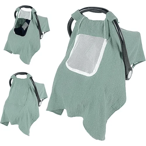 Car Seat Cover Baby, 100% Muslin Baby Car Seat Cover, 3 in 1 Carseat Sover, Carseat Cover for Baby Easy to Get in & Out