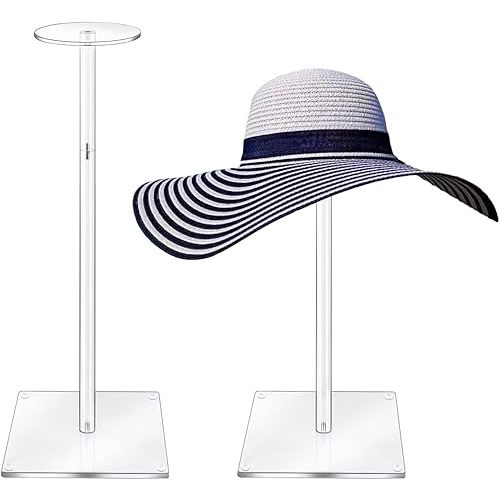 Acrylic Hat Stand and Wig Display Rack, 2pcs 17" Clear Hat Stands for Display, Adjustable Height Hat Holder, Square Barbell Base Display, Hat Rack Stand for Display Jewelry Watch Helmets