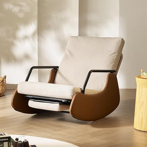 Corduroy Glider Rocking Chair with Adjustable Backrest & Footrest, Upholstered Plush Seating Rocker, Reading Chair Modern Nursery Accent Sofa Chairs for Living Room(White/Brown)
