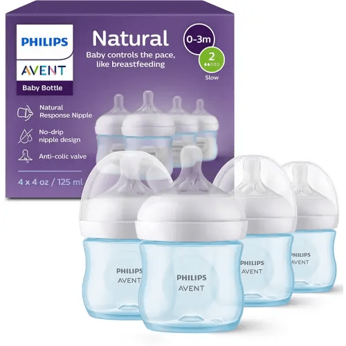 Philips Avent Natural Baby Bottles with Natural Response Nipples (Slow Flow, Flow 2), 4oz, Blue, 4-Pack, SCY900/24