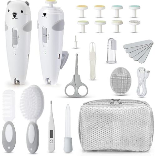 Lilian&Gema Baby Healthcare and Grooming Kit, 28-in-1 Rechargeable Nail Trimmer Electric Set, Dual Auto Light Baby Nail Care Kit, Portable Newborn Nursery Health Care Set for Infant Toddlers Boy Girl