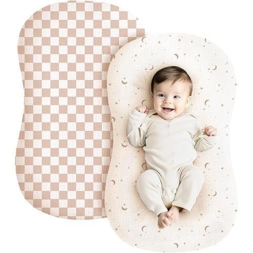 Konssy Muslin Baby Lounger Cover 2 Pack, 100% Cotton Newborn Lounger Cover, Soft and Breathable Lounger Slipcover for Boys Girls, Covers Only (Coffee Check,Moon)