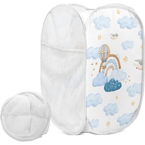 Blue Rainbow Laundry Basket Hamper,Collapsible Mesh Baskets for Kids Room,Clothes, Nursery Decor