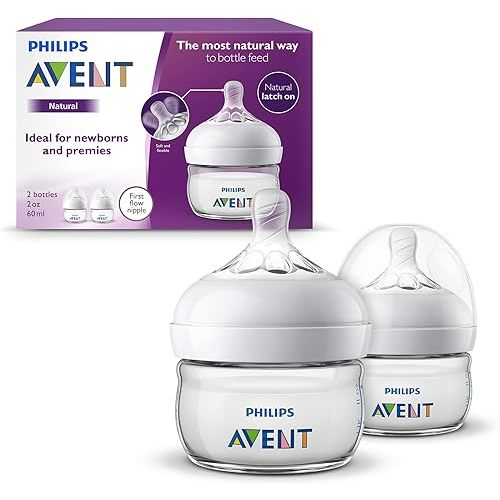 Philips Avent Natural Baby Bottles, with First Flow Nipple, 2OZ/60ML, 2 Pack, SCF019/25