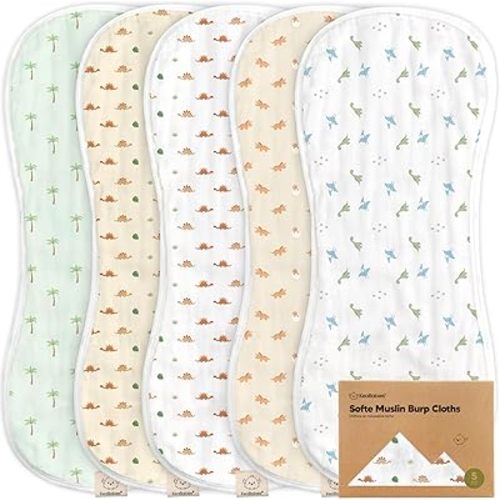 5-Pack Muslin Burp Cloths Baby Boy, Girl - Very Absorbent Baby Burp Cloth Rags, 8-Layers Viscose Derived from Bamboo Cotton Muslin Towel, Super Soft Spit Up Rags, No Shrink Washcloths (Roarsome)