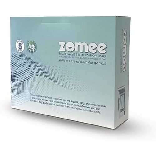 Zomee Microwave Steam Sterilizer Bags | Eliminates 99.9% of Germs and Bacteria | Disinfects Most Zomee Breast Pump Accessories | 5 Bags | Reusable for Up to 100 Sterilization Cycles