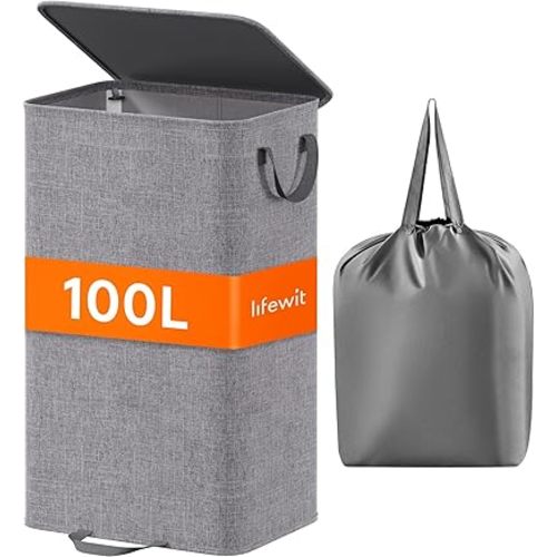 Lifewit Laundry Hamper with Lid and Removable Laundry Bag, Large Collapsible 1 Divider Dirty Clothes Basket with Handles for Bedroom, Laundry Room, Closet, Bathroom, College, 100L Gray