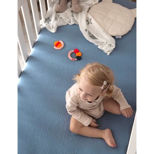 Momcozy Muslin Standard Fitted Crib Sheets, 52"x28", 2 Pack Soft Breathable Natural Cotton Baby Mattress Sheet, 360° Mattress Wrapping No Slip Boys Girls Neutral Toddler Bed Sheet, Sky Blue Grey