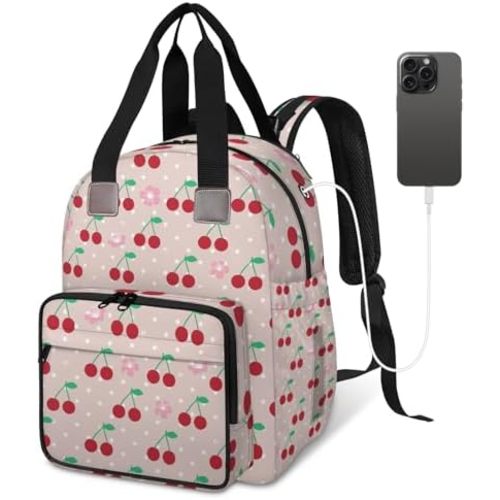 Pink Flower Cherry Diaper Bag Backpack-Multi-functional mother and baby bag Thermal compartment USB charging port Large capacity Multi-pocket organizer Stroller can be hung Travel shopping