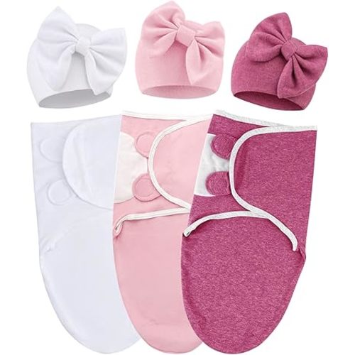 Baby Swaddle Sleep Sacks with Big Bow Hats Cotton Adjustable Swaddle Blankets Wrap Nursery Swaddles for Newborns Boy Girl Infant 0-3 Months