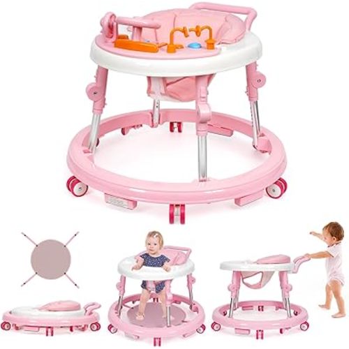 Music and Lights Baby Walker Foldable with 9 Adjustable Heights, Baby Walker with Wheels Portable, Baby Walkers and Activity Center for Boys Girls Babies 7-18 Months (New-Pink)