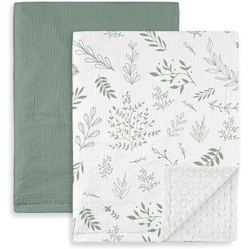GLLQUEN BABY Blankets for Boys Girls, Soft Muslin Cotton Front Dotted Fleece Backing, Nursery Minky Crib Blanket for Infant Toddler, 30 x 40 inches Throw Blanket, Green & Leaves
