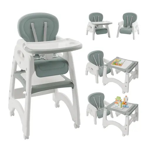 6 in 1 Baby High Chair - Convertible Feeding Chair for Babies and Toddlers With Building Block or Study Table, Kids Set, Dual-Layer Tray, Adjustable Back, Green