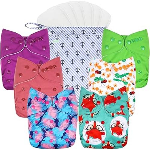 wegreeco Cloth Diapers 6 Pack with 6 Inserts, Washable Cloth Diapers for Babies, One Size Adjustable Reusable Diapers Baby (Girl Prints + 1 Wet Bag)