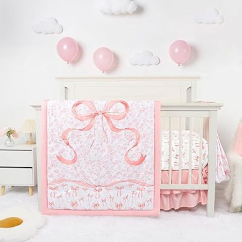 Crib Bedding Set for Baby Girls and Boys, 4 Piece Infant Nursery Bedding Sets, Baby Comforter Set for Crib, Pink Nursery Bed Set, Pink Bow