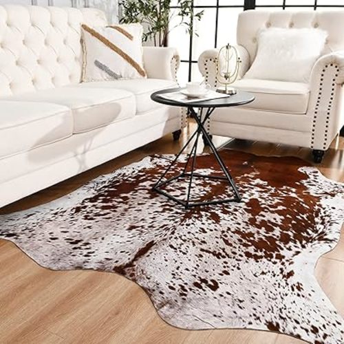 Easycozy Faux Cowhide Large Cow Print Rug - 4.7 x 5.2 Feet, Thickened Elastic for Bedroom, Living Room, Home Office, Western Decor
