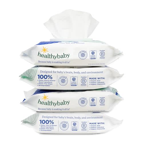 HealthyBaby Our Wet Wipes | EWG Verified Safe | 100% Water & Plant Based | Unscented & Safe for Sensitive Skin | Fragrance Free and Totally Chlorine Free (4 packs, 256 wipes)
