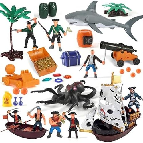 Pirate Action Figures Playset with Boat, Treasure Chest, Cannons, Shark, Pirate Ship Toys-Pirate Toy, 50 PCS Kids Pretend Adventure Set Figures, Birthday Gifts for Age 2 3 4 5 6 Year Old Boys Girls