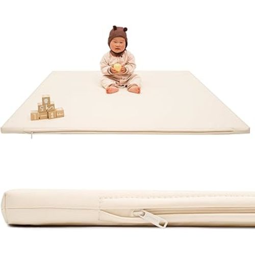 48x48 Beige Baby Play Mat - Extra Thick Waterproof Vegan Leather, Soft and Easy-to-Clean Floor Mat for Crawling & Play