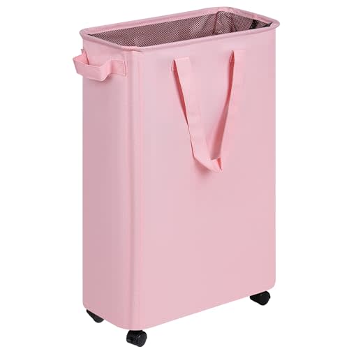 efluky Laundry Basket, Slim Laundry Basket with Wheels, Rolling Laundry Basket for Clothes, Small Laundry Basket for Bedroom, Dorm and Laundry Room, 48L (12.7 Gallons) Pink, MLHW4867