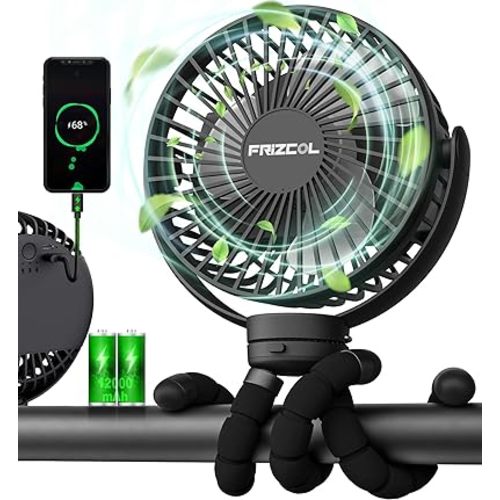 FRIZCOL Portable Stroller Fan, Use As Power Bank, 65H 12000mAh Battery Operated Fan Flexible Tripod Baby Car Seat Fan with Timming, Personal Mini Handheld/Desk/Small Clip On Fans For Stroller