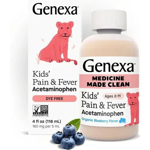 Genexa Kids’ Clean Pain & Fever Acetaminophen, Dye Free, 0% Artificial Additives, Delicious Organic Blueberry Flavor, Liquid Oral Suspension Medicine for Children 2-11, 160 mg per 5mL, 4 fl oz