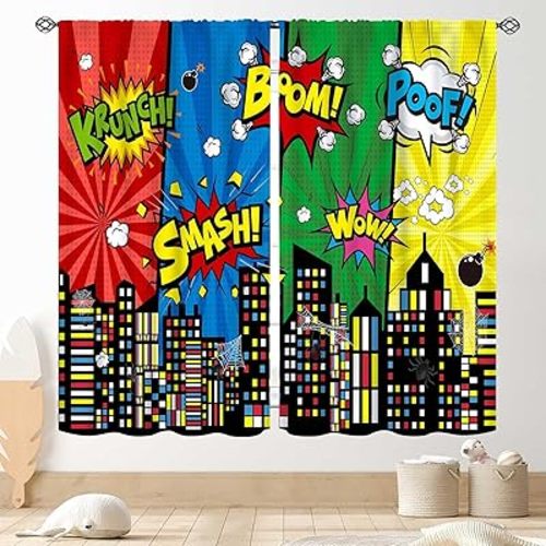 Super City Hero Curtain, Comic Style Cityscape Skyline Buildings Cartoon Window Curtains for Boys Kids Teens Baby Room Bedroom Living Nursery 2 Panel Sets, 42"x45" Inch