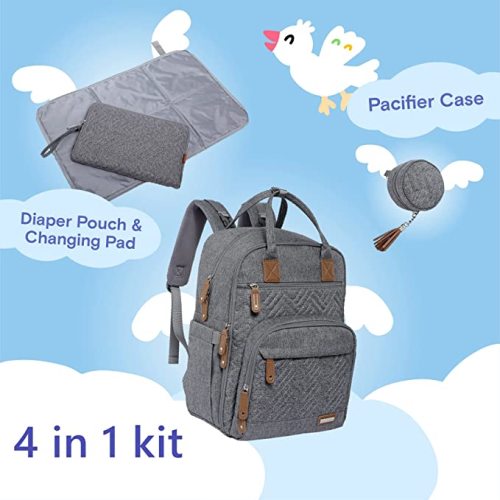 iniuniu Diaper Bag Backpack, 4 in 1 kit Large Unisex Baby Bags for Boys Girls, Waterproof Travel Back Pack with Diaper Pouch, Washable Changing Pad, Pacifier Case and Stroller Straps, Gray - Grey
