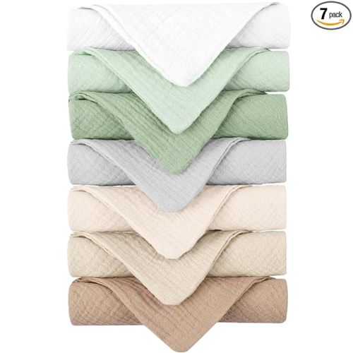 Konssy Baby Muslin Washcloths 7-Pack, 100% Cotton Baby Bath Washcloths, Soft & Absorbent Wash Cloths and Burp Cloths for Newborn Kids Girls & Boys, 11x11 inches