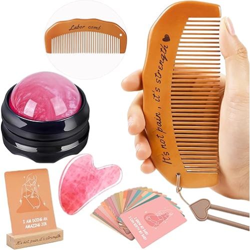 Birthing Comb Labor Gifts for Pregnant Women, Natural Labor and Delivery Essentials with Wooden Labor comb,Pregnancy Birth Affirmation Cards,Massage Roller Ball,Facial Massager,Storage Bag,Wooden Base