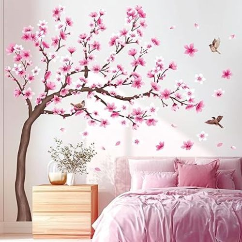 DECOWALL SG4-2306 Cherry Blossom Tree Wall Stickers Decals Peel and Stick Removable Wall Stickers for Kids Nursery Bedroom Living Room décor Floral Bird Furniture Art Baby Birch
