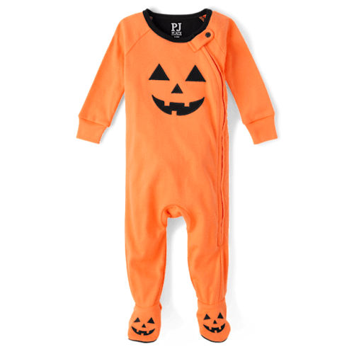 Baby And Toddler Pumpkin Face Snug Fit Cotton Footed One Piece Pajamas - Orange