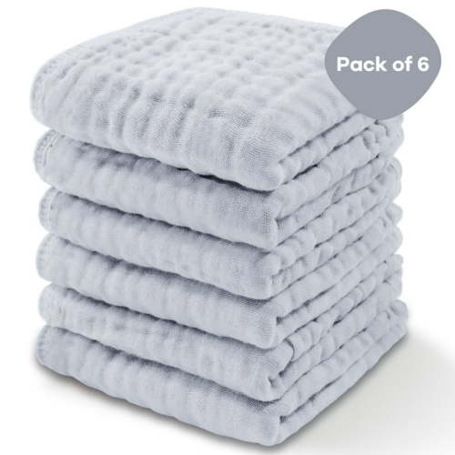 Comfy Cubs Baby Washcloths, Muslin Cotton Baby Towels, Large 10”x10” Wash Cloths (Slate, Pack of 6)
