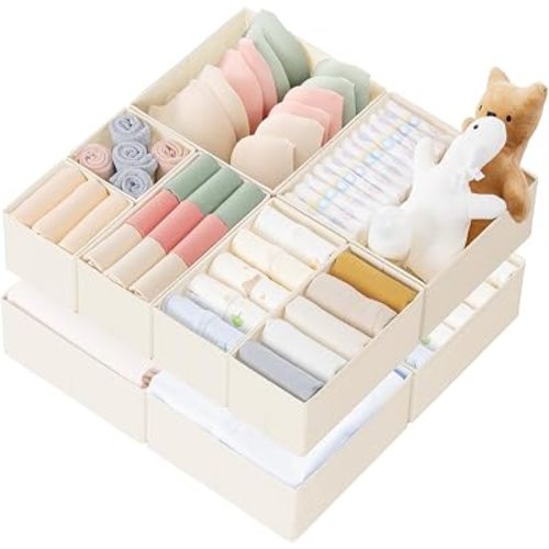 Drawer Organizer Clothes, 10 Pack Dresser Organizer for Baby Clothes, Underwear, Sock- Foldable Closet Organization and Storage Dividers Bins for Nursery, Bedroom (Beige)