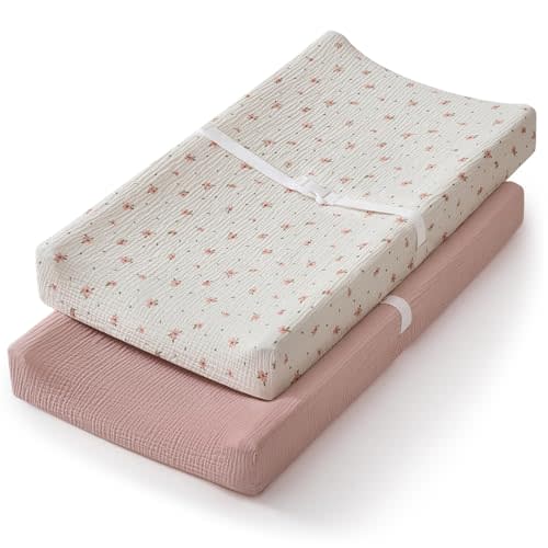 Blissful Diary Muslin Changing Pad Cover for Baby Girls, Ultra Soft Breathable Cotton, Baby Diaper Change Table Pad Covers, 2Pack (Pink Floral & Light Pink)