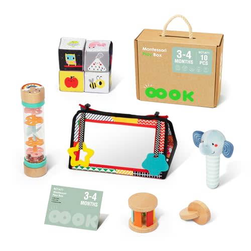 OOOK Montessori Toys for Babies 0-6 Months, 7 in 1 Learning Educational Set Newborn Toys (Includes Tummy Time Toys,Beaded Raindrops,Fabric Blocks,Rolling Drum,interocking Discs)