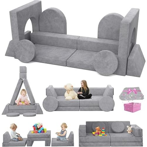 Kids Couch, 12PCS Modular Kids Play Couch with Blanket, Kids Sofa Couch for Playroom & Indoor, Convertible Toddler Couch for Girls and Boys