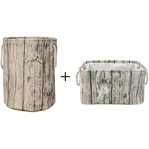 Stylish Tree Stump Shape Design Cylindric Laundry Hamper and X-Large Size Wood Grain Rectangular Storage Basket