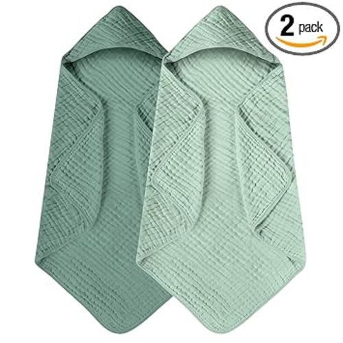 Yoofoss Hooded Baby Towels for Newborn 2 Pack 100% Muslin Organic Cotton Baby Bath Towel with Hood for Babies, Infant, Toddler and Kids, 32x32Inch, Soft and Absorbent Newborn Essential, Gradient Green