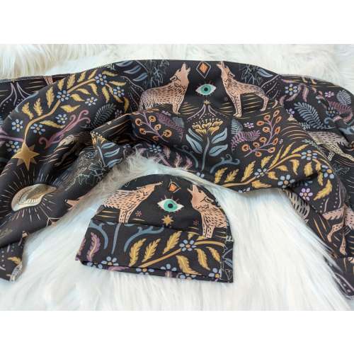 Witchy Baby Clothing, Howlin & Prowlin Wolf Swaddle + Hat or Band, Custom Outfit Goth Baby Aesthetic, All Seeing Eye Botanicals Full Moon