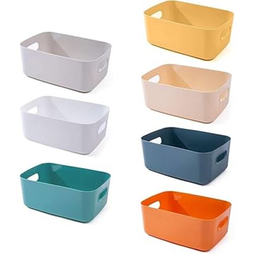OWill 7 PCS Plastic Storage Bins and Baskets for Efficient Home Classroom Organization Small Containers in Multicolour for Kitchen, Cupboard box, and Bathroom Organizer on Shelves and Tubs