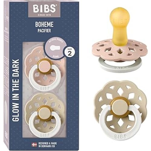 BIBS Boheme Glow in The Dark Soother 2-Pack. BPA Free. Round Latex, Size 2 (6-18 Months), Blush Glow/Vanilla Glow
