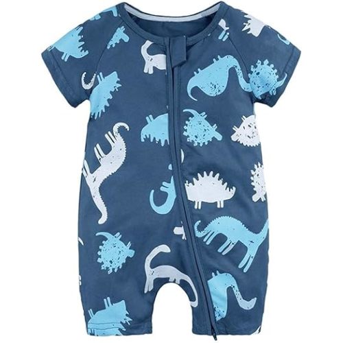 Unisex Baby Boy Girl Rompers Short Sleeve Print Zipper Romper Bodysuit Summer 𝙾ne Piece Outfits (Navy, 6 Months)